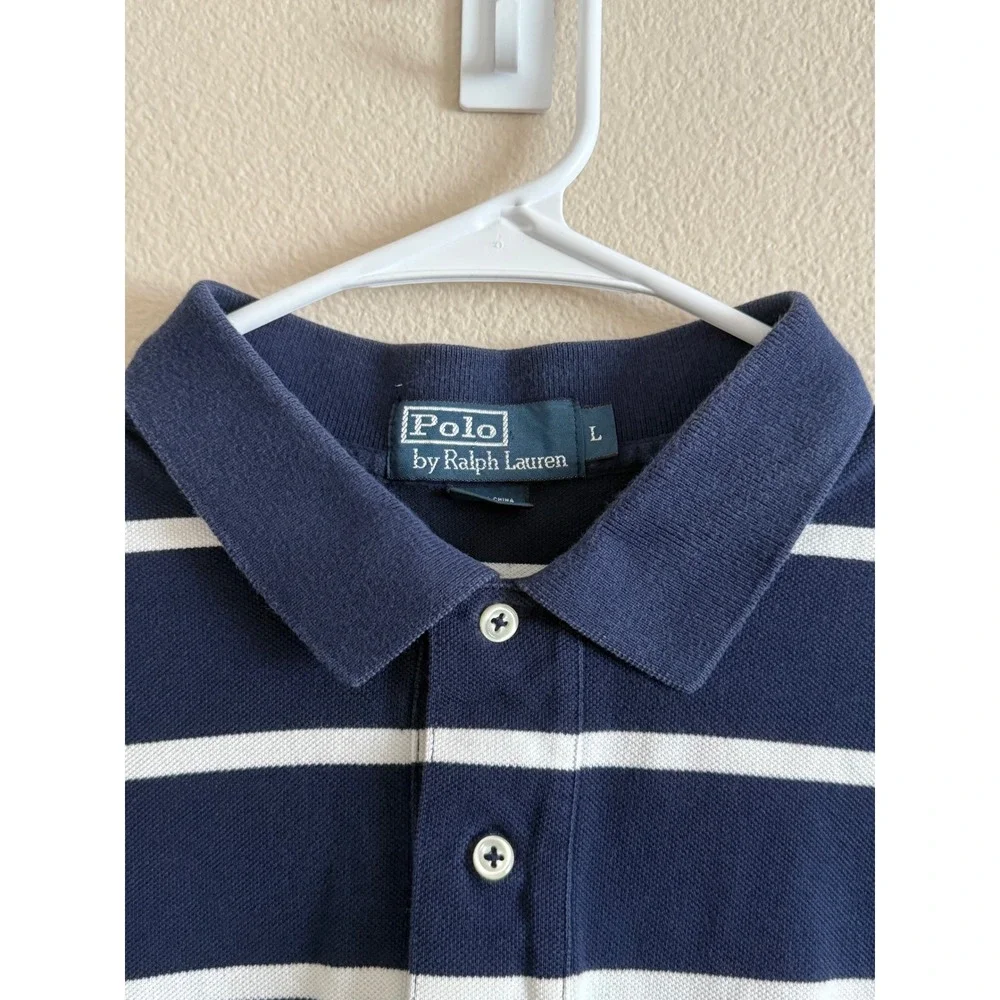 Polo Ralph Lauren Mens Large Navy White Striped Short Sleeve Pique Polo Shirt